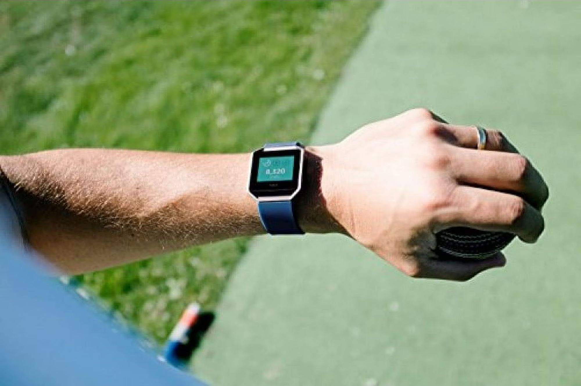 Fitbit Blaze Fitness Watch - Silver Stainless Steel Case with Blue Elastomer Elastomer - Large Size