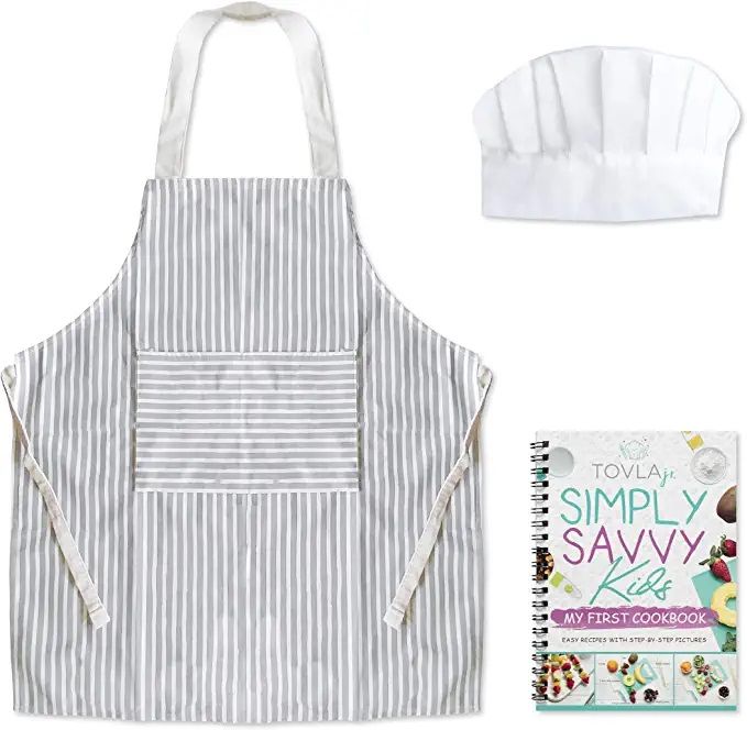 Tovla Jr. Kids Cookbook | Cooking Apron and Hat - White/Grey